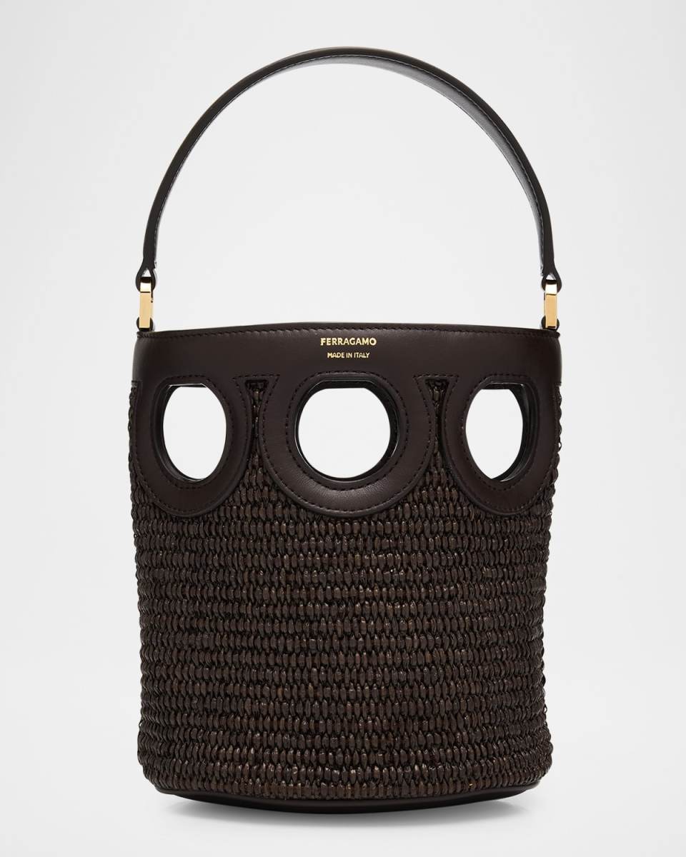 Cutout Raffia Bucket Bag
